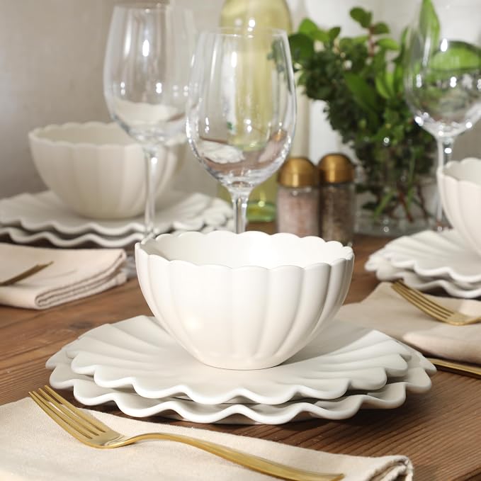 Gibson Elite Bistro Fleur Plates and Bowls Sets, 12-Piece Stoneware Dinnerware Set for 4, Ivory White Scalloped Dish Set with Dinner Plates, Salad Plates & Bowls