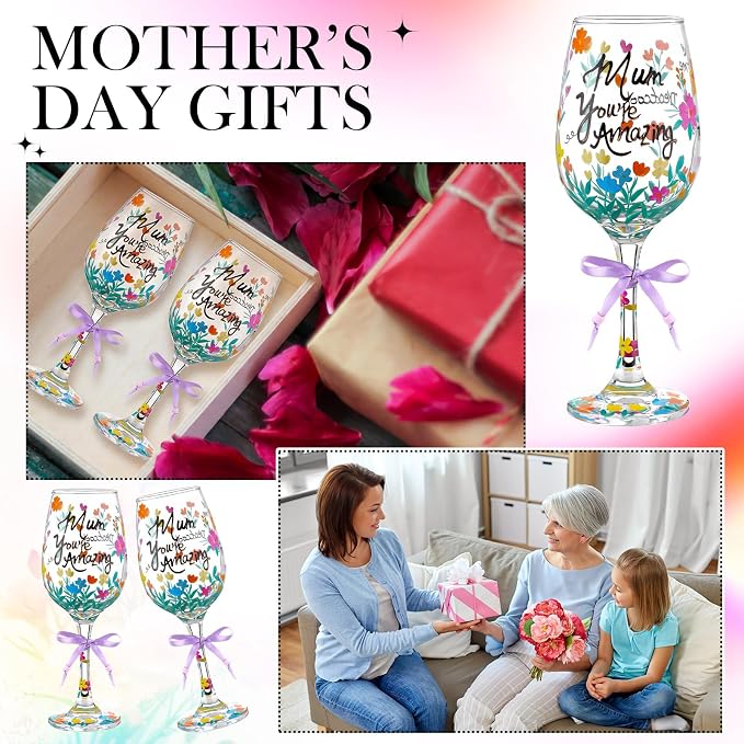 SiliFine 4 Pcs Floral Stemmed Hand Painted Wine Glasses Flower Drinking Cup with Bow Wine Glasses Gifts for Mom Grandmother Mother in Law Birthday Holiday Party Supplies
