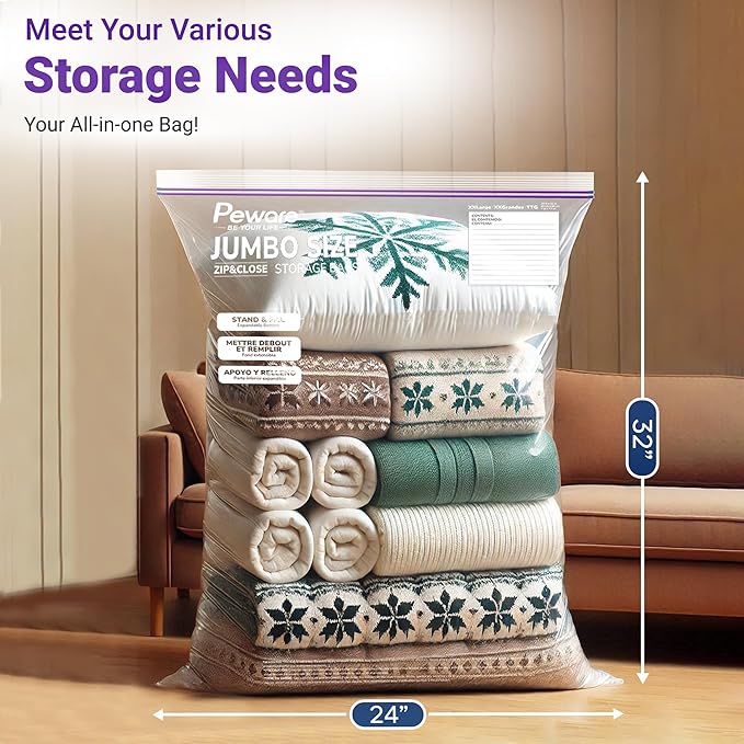 Large Storage Bags, 24"x32" Jumbo Plastic Bag, BPA Free, 20 Gallon 3XL Zipper Lock Baggies for Clothes Pillow Travel Moving - 15 Mega Bags