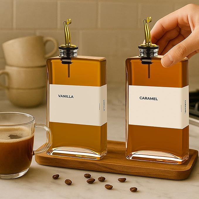 Spaceneat Olive Oil Dispenser Bottle - Includes 44 Kitchen Essential Labels - Cooking Oil Bottles for Kitchen, Coffee Syrup Dispenser - Pourer Spout with 11.8 fl oz Glass Container Cruet - 4pcs, Gold