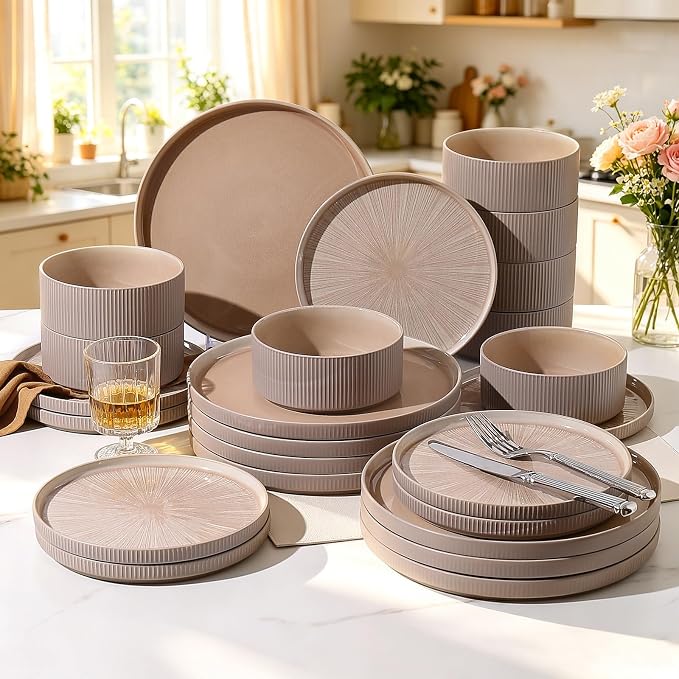 Dinnerware Sets for 4, Ceramic Plates and Bowls Set 12 Piece Dinnerware Chip Resistant Stoneware with Advanced Inkjet Printing Technology, Dishwasher and Microwave Safe-Dusty Brown