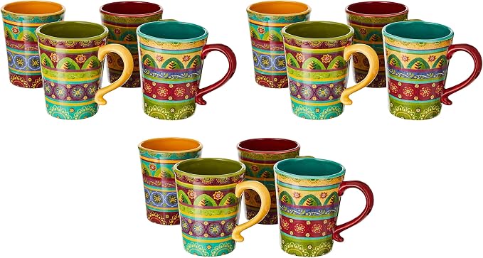 Tunisian Sunset 18 oz. Ceramic Mugs, Set of 4 – Multicolor Boho Coffee & Tea Cups with Bold Folk Art Patterns, Microwave & Dishwasher Safe, Eclectic Kitchen Gift Set for Beverage Lovers (Pack of 3)