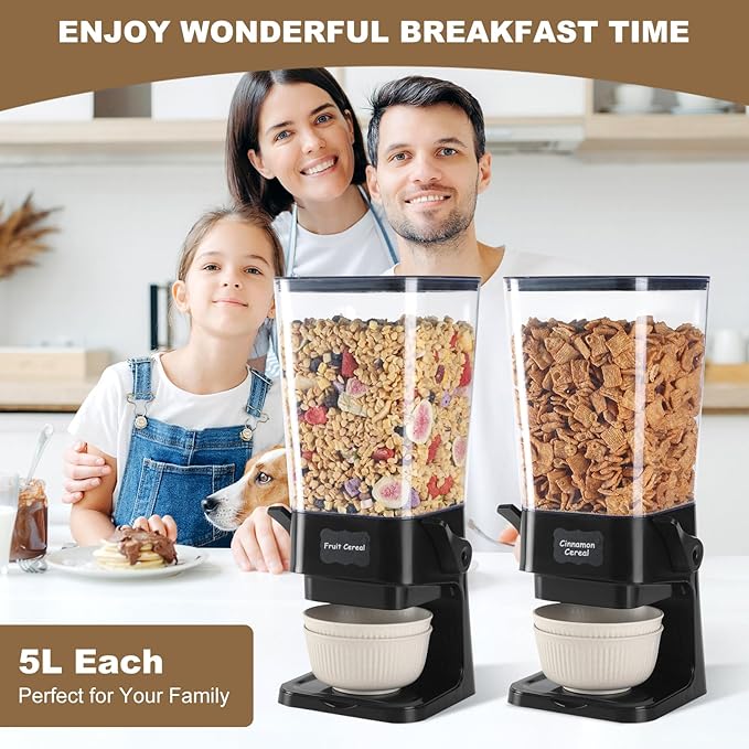 Cereal Dispenser Countertop with Cereal Bowls,16 Labels & Pen, Cereal Containers Storage, Candy Dispenser, Dry Food Dispenser For Pantry - Not Easy to Crush Food (Black, 2 Pack)