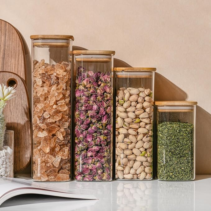 D2scrma 37oz Rectangle Airtight Glass Storage Containers with Bamboo Lids (Set of 4), Square Food Storage Jar, Pantry Organizers for Cereal, Nuts, Snacks and Coffee beans (‎with Black Lable)