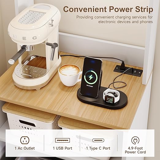 ZIFTY 10 Gallon Pull Out Trash Can Cabinet with Charging Station, Pet Proof Freestanding Kitchen Trash Bin Cabinet with Hooks, Coffee Bar, Wooden Garbage Recycling for Kitchen, Living Room