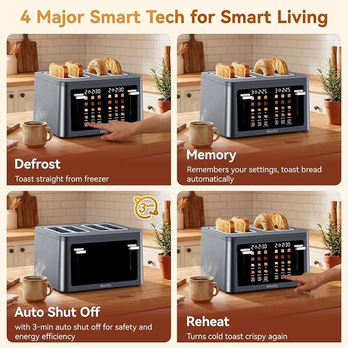 Mecity 4 Slice Touchscreen Toaster, 6 Bread Modes & 6 Browning Levels, Dual Touch Control Wide Slot Stainless Steel Electric Toaster with Memory, Defrost, 3-Min Auto Shutoff for White, Bagels, Waffles
