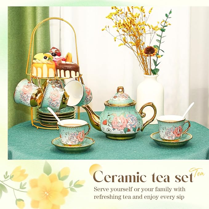 20 Pcs Porcelain Tea Set for Adults with Metal Holder and Spoon European Ceramic Tea Party Set Flower Painting Teapot Cup Saucer for Women Gift, Serving 6 People(Modern)