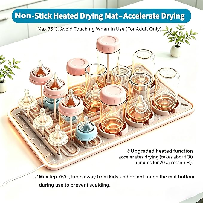 Silicone Baby Bottle Drying Mat, 20 Slots, BPA-Free Non-Toxic, Dishwasher Safe, Foldable Space-Saving Design for Nursery, Kitchen & Travel (Hot Silicone Drying Mat)