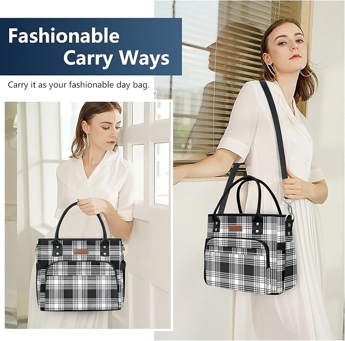 MIYCOO Lunch Bag Lunch Box Women - Leakproof Insulated Lunch Cooler Bag for Women - Large Lunch Tote Bags Adults, Checkered Black and White