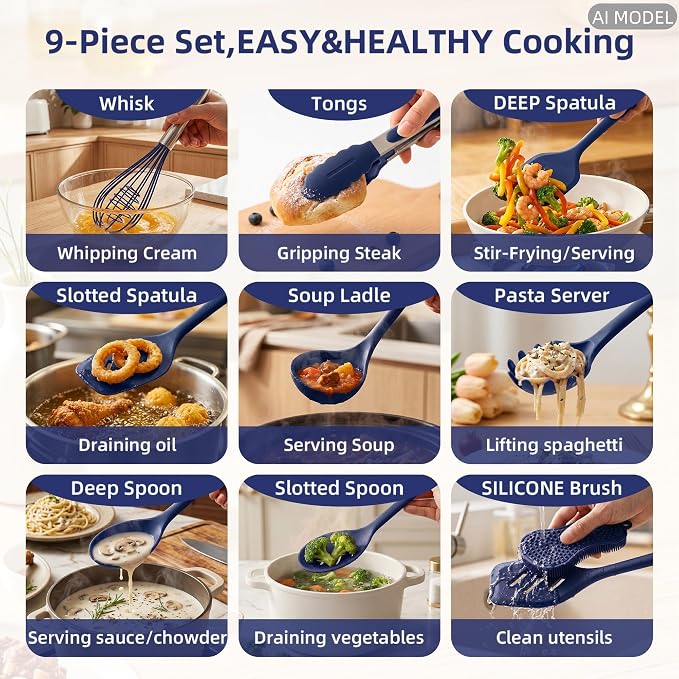 Kitchen Utensils Set,9 PCS Silicone Cooking Utensils Set Spatula Set,Tongs,Spoon,Whisk,Brush,Dishwasher Safe Kitchen Gadgets for Non-Stick Cookware,Home Essential，Kitchen Appliances(Navy Blue)