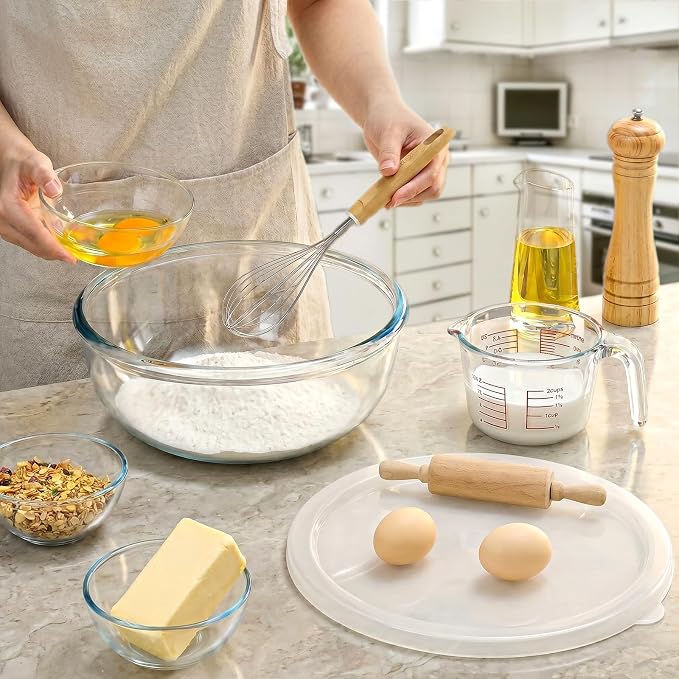 NUTRIUPS 6 QT Large Glass Mixing Bowl with Lid, Large Glass Mixing Bowl for Sourdough, Big Glass Bowls for Salad (White)