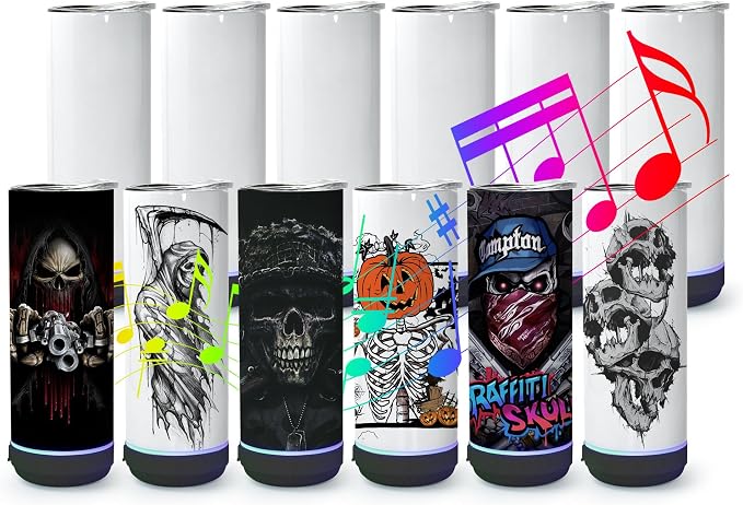 sweet grain Music Speaker Tumbler(12Pack) - 20 oz Sublimation Tumbler Skinny Straight with Speaker, Straw & USB Charging Cable, Music Tumbler Cup - Black