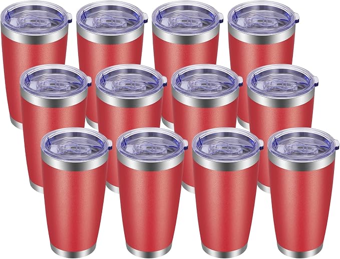 VEGOND 20oz Tumbler with Lid and Straw Stainless Steel Tumbler Cup Bulk Vacuum Insulated Double Wall Travel Coffee Mug Powder Coated Coffee Cup, Red, 12 Pack