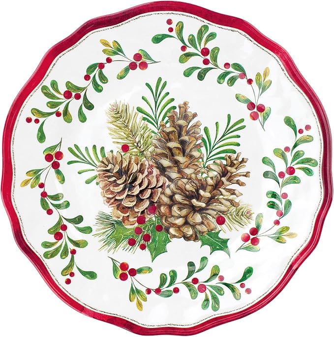 UPware 16 Piece Pinecones Melamine Dinnerware Sets, Outdoor Dishes Set, Plates and Bowls Sets, Christmas Decorations, Service for 4, Red