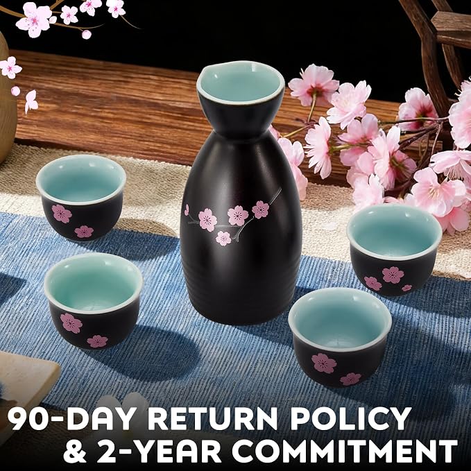 DUJUST 5 pcs Japanese Sake Set, Traditional Sakura Design Sake Serving Set, 1 Sake Bottle with 4 Sake Cups, Japanese Style Sake Set for Home/Party, Ideal Japanese Gifts for Sake Lovers - Black