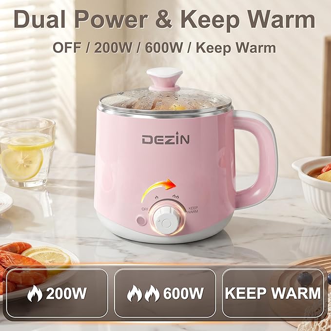 Dezin Hot Pot Electric, Rapid Noodles Cooker, Stainless Steel Electric Pot 1.6 Liter, Perfect for Ramen, Egg, Pasta, Dumpling, Soup, Porridge, Oatmeal with Temperature Control and Keep Warm Function