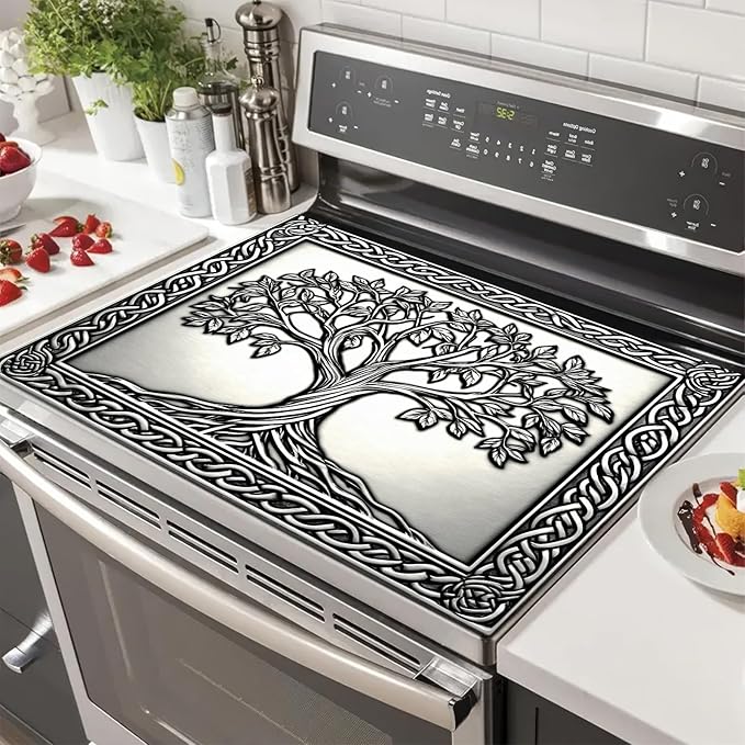 HOMETITUTE Tree of Life Stove Top Cover for Electric Stove Silver Embossed Celtic Design Dish Drying Mat 28x20 Inch Decorative Kitchen Protector Fit Under Coffee Maker
