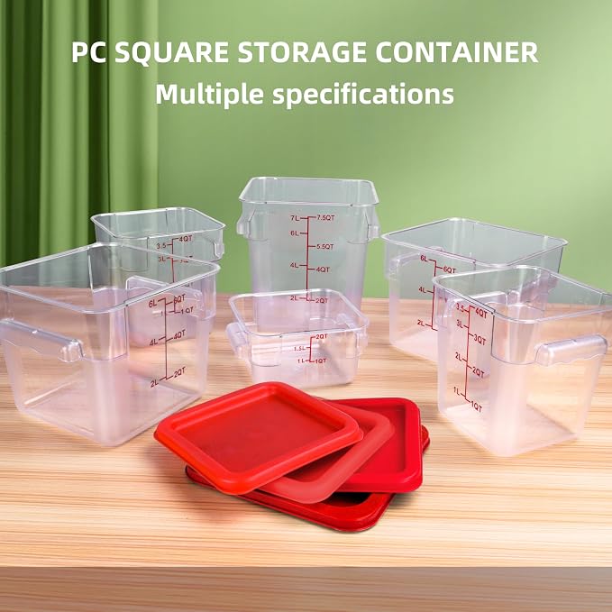 2 Pack RED Square Food Storage Container With Lid,Commercial Storage Box With Scale & Handle,Cake Making,Dough Marinating Meat,Kitchen Supplies (2 Quart)