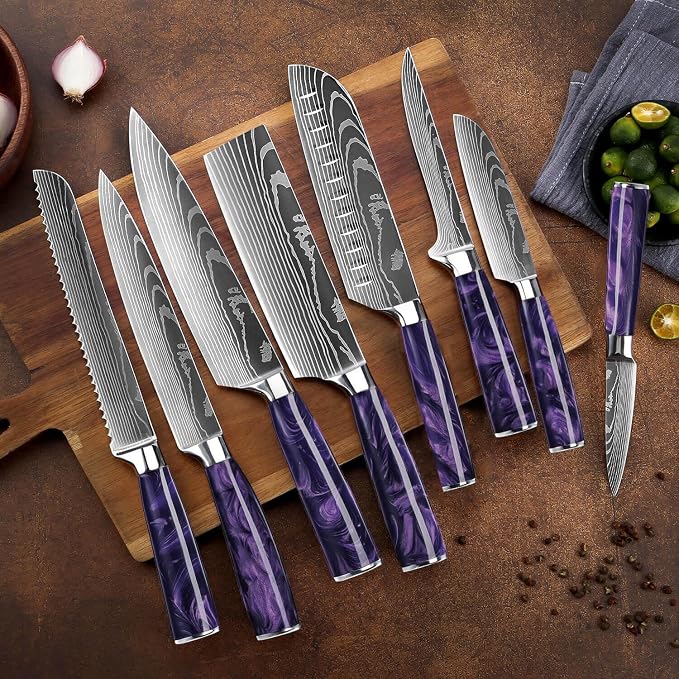 SENKEN 8-Piece Japanese Knife Set with Purple Resin Handle and Laser Damascus Pattern - Amethyst Collection - Chef's Knife, Cleaver, Santoku, Paring Knife, & More (Amethyst Purple)