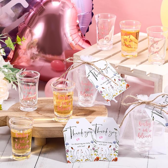 Pickmesh 50 Sets Baby in Bloom Baby Shower Shot Glasses for Guests Include Acrylic Clear Shot Glasses Spring Wildflower Cards Organza Bags Girl Favors for Gender Reveal Party Supplies