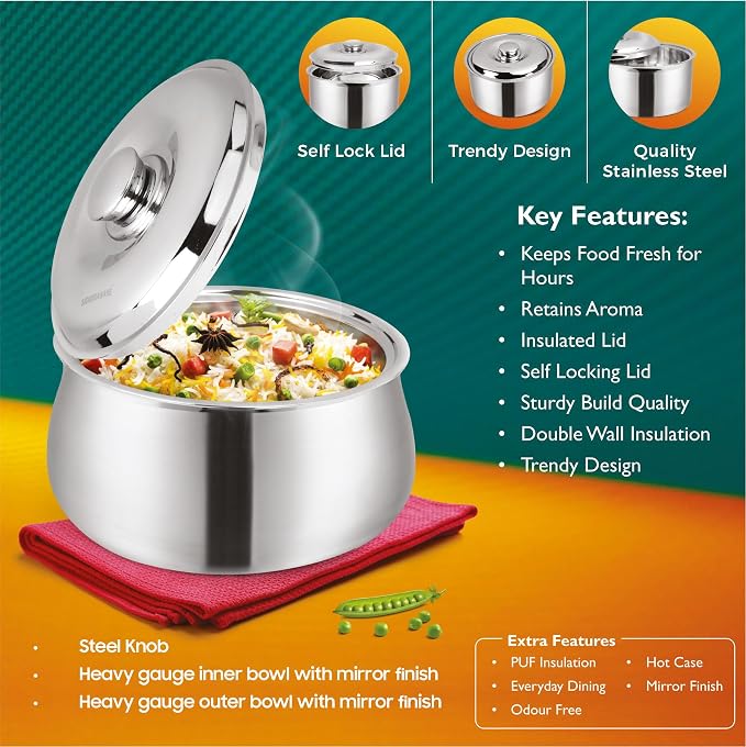 SIGNORA WARE Large Insulated Casserole Dish with Lid 3000ml. Stainless steel Hot Pot Food Warmer/Cooler -Thermal Soup/Salad Serving Bowl Stainless Steel Hot Food ContainerâBest Gift Set for Moms