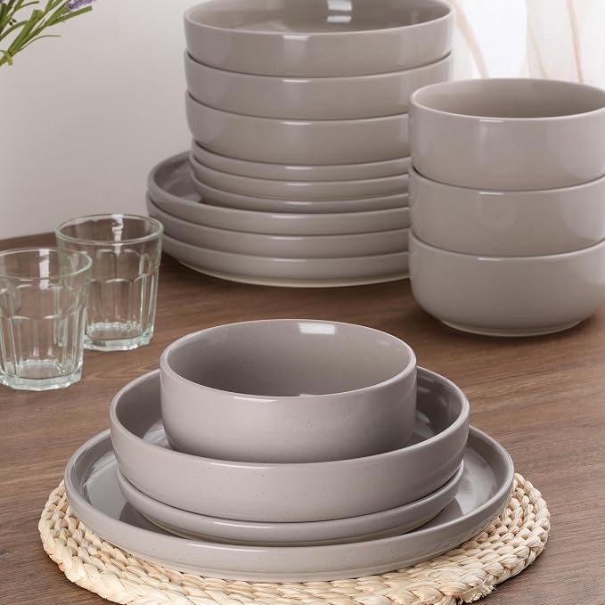 HaWare 24-Piece Plates and Bowls Set for 6, Stoneware Dinnerware Sets with Pasta Bowl, Dishes Set for Home Restaurant, Speckled Cream Coffee