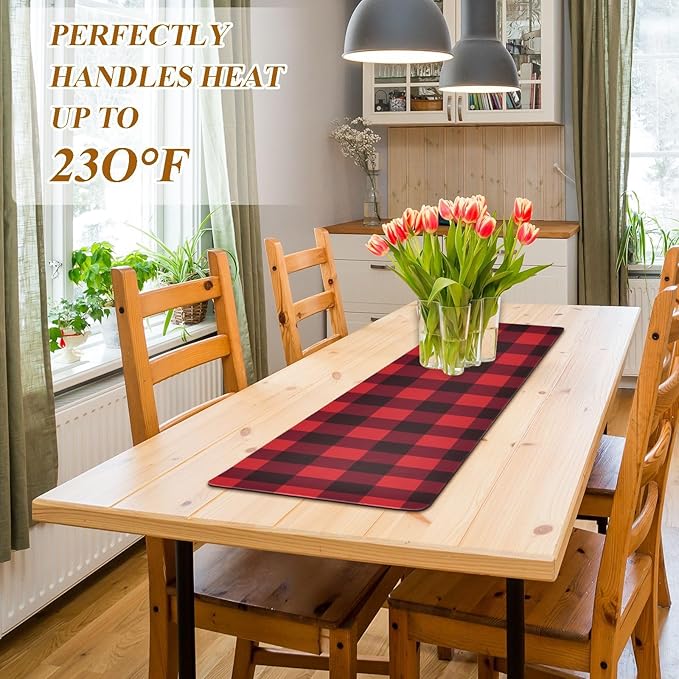 Heat Resistant Table Runner Trivet for Hot Pots and Pans 39 x 12 Inch Long Hot Pad Decorative Table Protector for Kitchen Countertop Buffalo Plaid Black Red