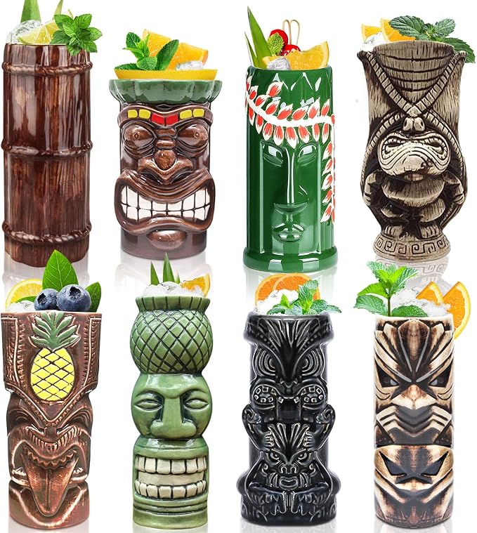 LINALL Tiki Mugs Cocktail Set of 8 - Tumblers Ceramic Hawaiian Luau Party Mugs Drinkware, Cute Exotic Cocktail Glasses, Tiki Bar Professional Hawaiian Party Barware, TKSET0017 (8pcs)