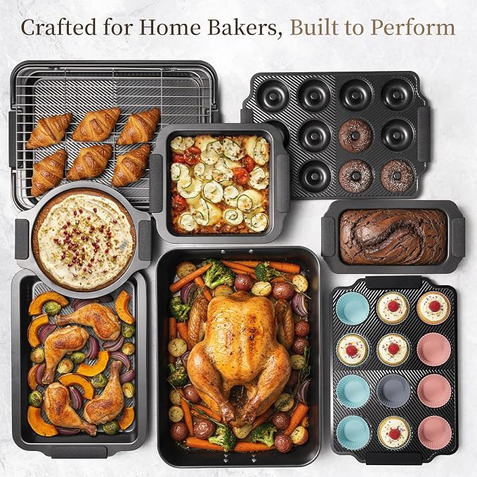 Kikcoin 25 PCS Stackable Baking Pans Set, Non-stick Bakeware Sets with Silicone Handles, 450°F Oven Safe Cookie Sheets for Baking, Easy Release Heavy-duty Baking Sheets Non Stick, Black