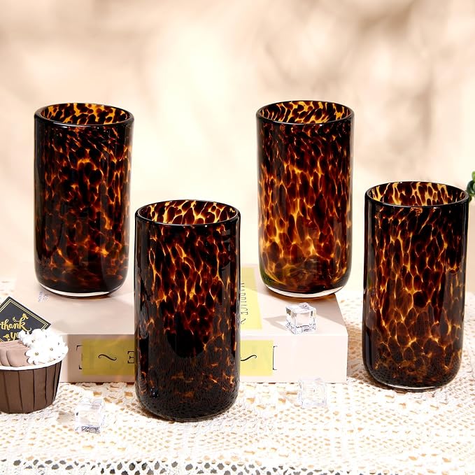 Honeydak Set of 4 Tortoise Leopard Print Brown 16 oz Rocks Glasses Stylish Stemless Cocktail Cups Glass Glassware Tumbler Ideal for Gin, Tequila, Vodka, Soft Drinks