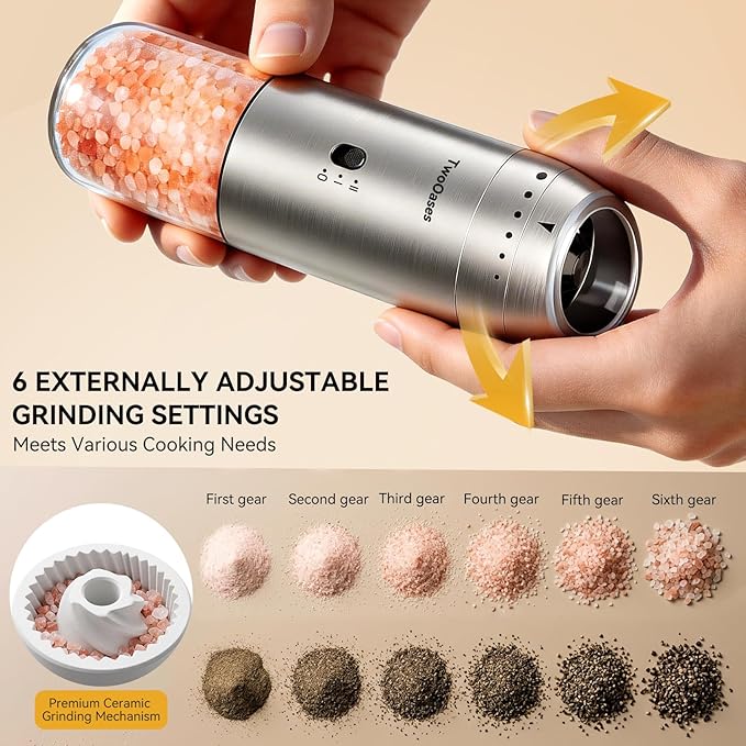 Electric Salt and Pepper Grinder Set, Dual-Speed Automatic Gravity Pepper Grinder with Charging Base, Adjustable Coarseness, LED Light, 5.95oz Large Capacity, Stainless Steel Spice Mill for Kitchen