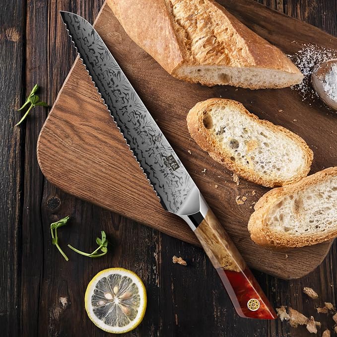 SHAN ZU Damascus Bread Knife, SG2 Powder Steel Japanese Kitchen Knife, 8 inch Hand Forged 91 Layers Damascus Steel Ultra Sharp Knife with Ergonomic Maple Handle