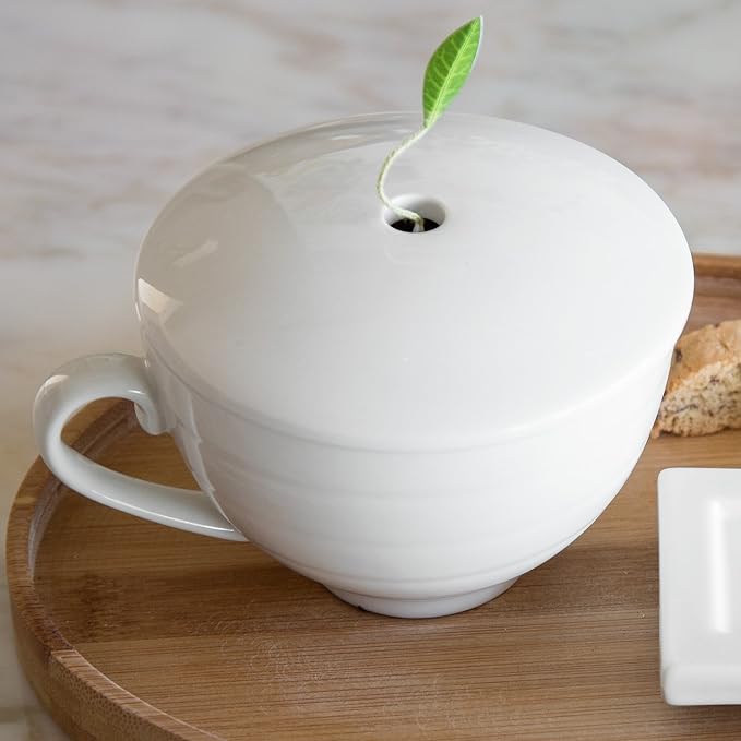 Tea Forte Porcelain Tea Cup and Lid, Steeps 8 oz., Microwave & Dishwasher Safe, Café Cup White