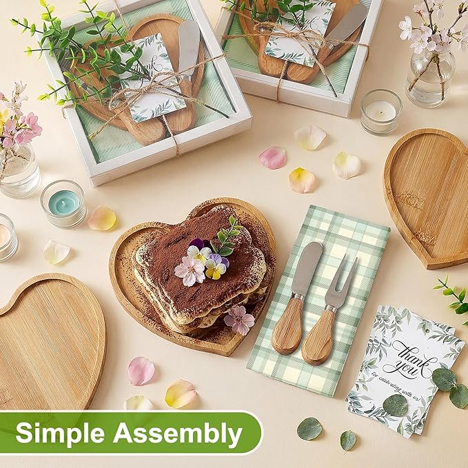 LemonRoad 6 Set Bridal Shower Gifts Bamboo Heart Shaped Charcuterie Board with Utensils Kitchen Towels Thank You Tags for Baby Shower Weddings Bridal Birthday Holiday Party Favors Housewarming
