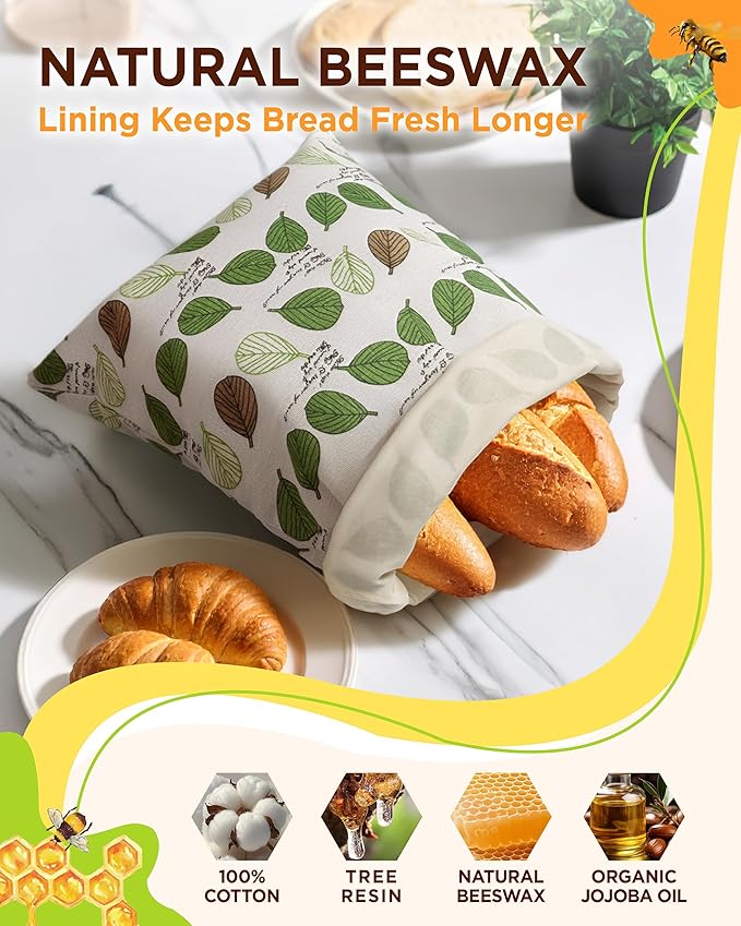 Beeswax Bread Bag for Homemade Sourdough, Sourdough Bread Bags with Zipper, 2 Pack Cotton Large Airtight Food Storage Bags to Keep Fresh