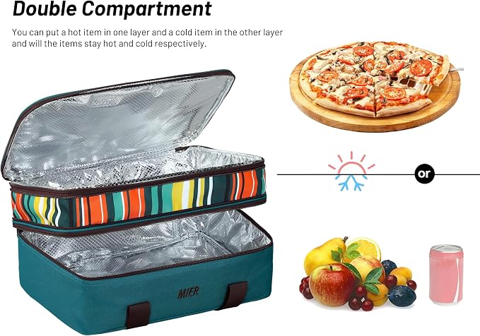 MIER Insulated Double Casserole Carrier Bag for Lasagna Lugger, Potluck Parties, Picnic, Beach, Fits 9 x 13 Inches Baking Dish, Casserole Dish, Expandable by Mid Zipper, Peacock Blue