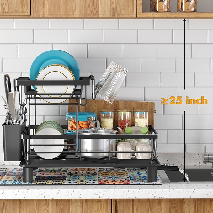 Dish Drying Rack, 2 Tier Dish Racks for Kitchen Counter, Compact Drying Rack Kitchen, Rust-Resistant Dish Drainer, Detachable Space-Saving Dish Rack with Drainboard, Utensil Holder, Black