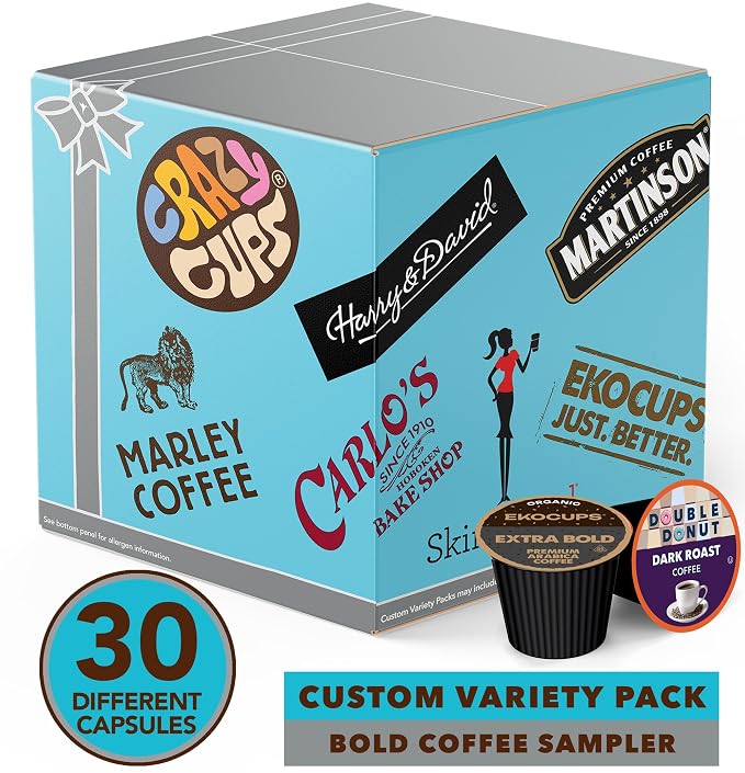 Crazy Cups Custom Variety Pack Coffee Pods | Dark Roast and Bold Flavors | Single Serve Cups for Keurig K-Cup Machines | Robust Assortment with No Duplicates | 30 Count Coffee Gift for Mothers