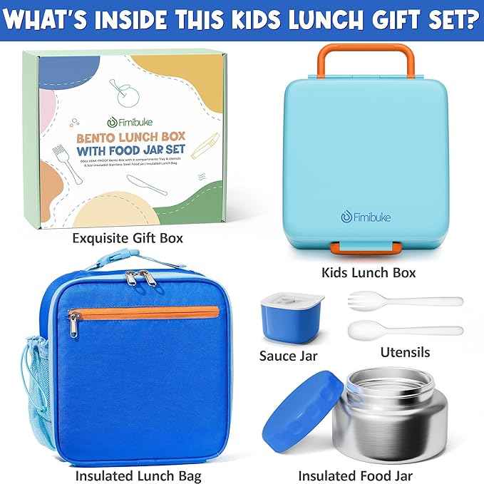 Fimibuke Kids Bento Lunch Box with Thermo, Leakproof Toddler Bento Box with 8.5OZ Insulated Food Jar, Lunch Bag & Utensils BPA Free Dishwasher Safe 3 or 4 Compartment Container for School Girls Boys