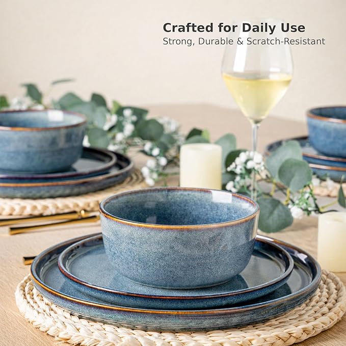 AmorArc Stoneware Dinnerware Sets for 4,Round Reactive Glaze Ceramic Plates and Bowls Set,Highly Scrath Resistant Dishware | Dishwasher & Microwave Safe Dishes Set,Service for 4 (12pc)
