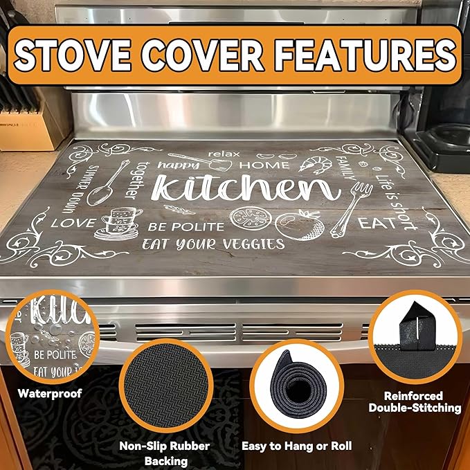 Decorative Stove Top Covers for Electric Stove 28"x20" – Heat Resistant Glass Cooktop Protector Dish Drying Mat – Non-Slip Rubber Backing Washer Top Cover Waterproof Extra Counter Space (Kitchen 4)