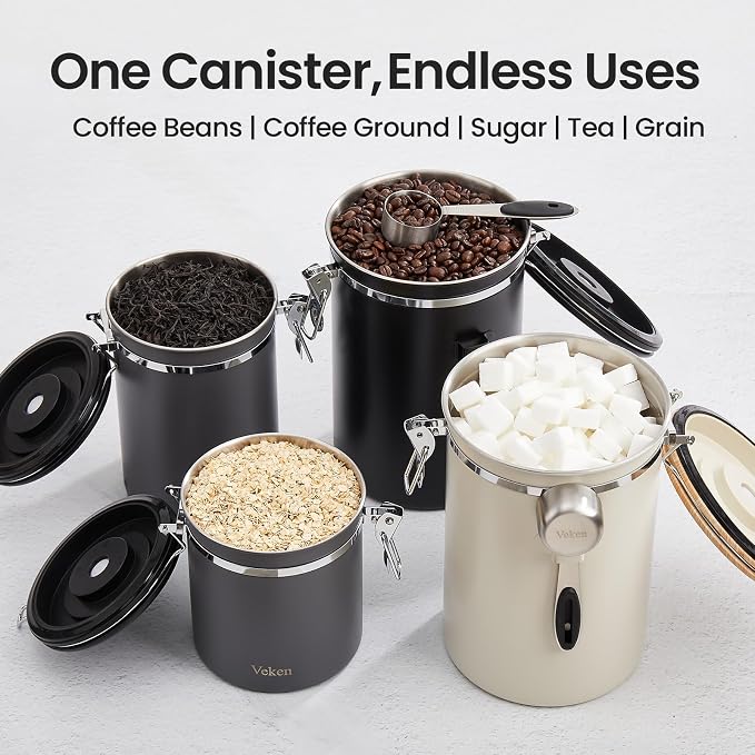Veken Coffee Canister, 39OZ Large, Gifts For Women,Airtight Stainless Steel Food Storage Container for 2.2lbs Coffee Beans,Ground, Sugar, Tea, Flour, Cereal, Kitchen Bar Accessories,Scoop, Gift, Cream
