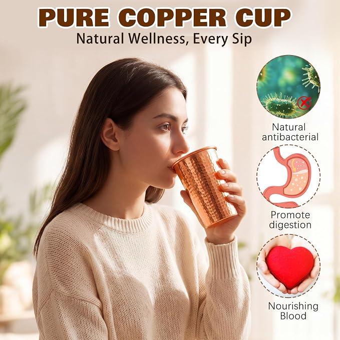 Willinglong 2 Pcs 100% Pure Copper Cup Tumblers 18.5 oz Handcrafted Hammered Copper Cups, Ayurvedic Health Benefits Drinking Vessel for Family Health Water, Cocktails, Iced Tea Glasses(Crimping)