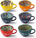 Coffee Mug Set of 6, 15 oz Boho Coffee Mug Ceramic with Handle, Porcelain Tea Cups Set, 6 Pcs Coffee Cups for Cappuccino and Latte, Microwave & Dishwasher Safe, Ideal Gift for Family/Friend