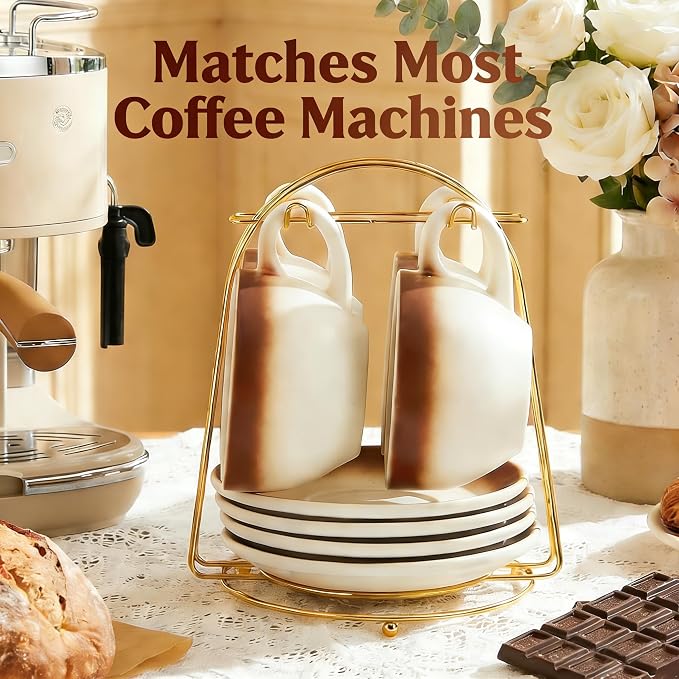 DUJUST Cappuccino Cups Set of 4 (8oz), Ceramic Cappuccino Mugs with Saucers, Spoons & Metal Stand, Latte Cup Set for Latte, Espresso & Americano, Gift Package