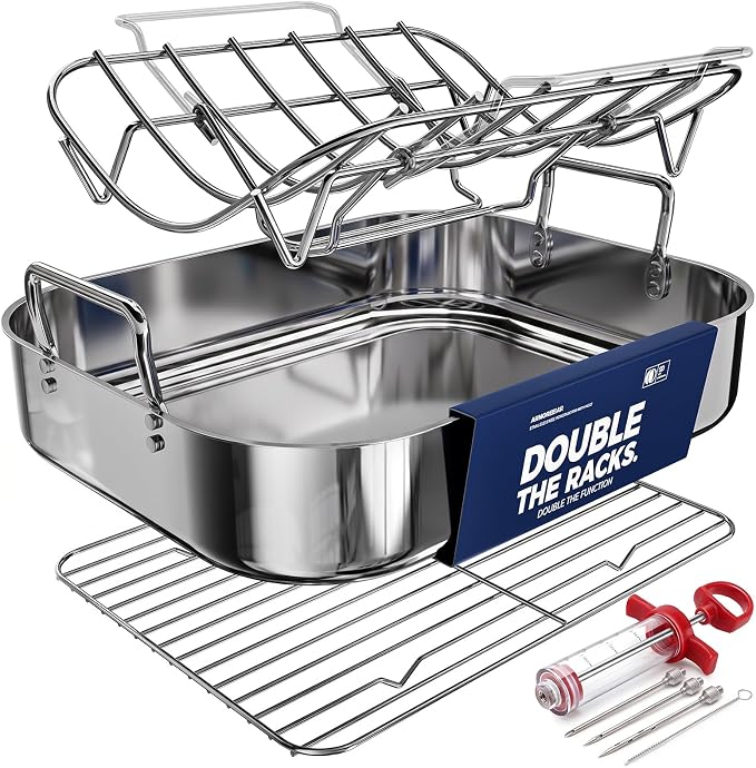 Stainless Steel Roasting Pan with Rack, Heavy-Duty Turkey Roasting Pan for Oven, Includes Two Bakinng Rack Insert, Perfect for Holiday Turkey & Everyday Meal Prep, Fits Up to 24 lbs Turkey