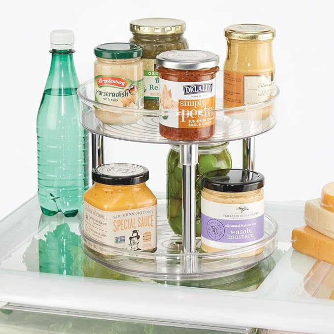 iDesign 9-Inch Recycled Plastic 2-Tier Lazy Susan Organizer – Linus Collection - Clear/Chrome