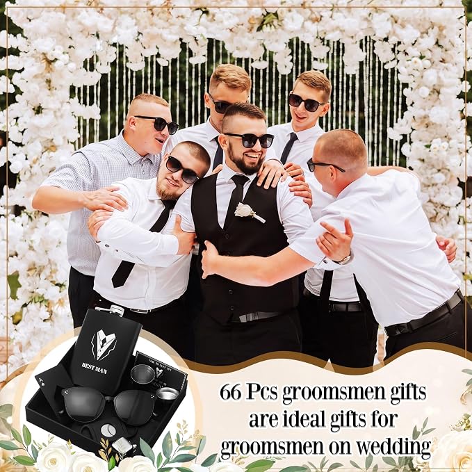Mimorou 88 Pcs Groomsmen Proposal Gifts - Shot Glasses, Stainless Steel Ice, Flask, Funnel, Gift Boxes, Sunglasses, Knives, Bottle Opener, Cards, Wallets for Wedding Groomsmen Present Set (Retro)