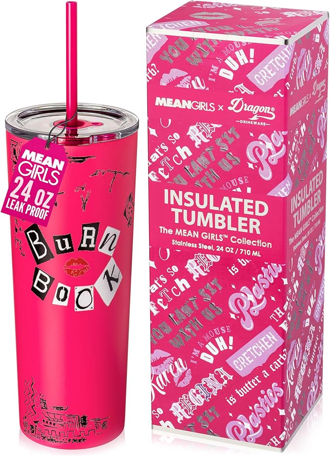 Dragon Glassware x Mean Girls Burn Book Tumbler with Straw & Lid, 24 oz | Vacuum Insulated Stainless Steel Tumbler with Straw & Lid; Double Walled Tumbler; Official Mean Girls Cup