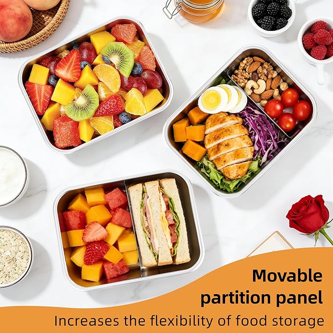 Stainless Steel Bento Box for Kids Adults, 1200ml/40oz with Removable Divider, Airtight Leak Proof Glass Lid, Freezer & Dishwasher Safe Lunch Box (40.58oz)